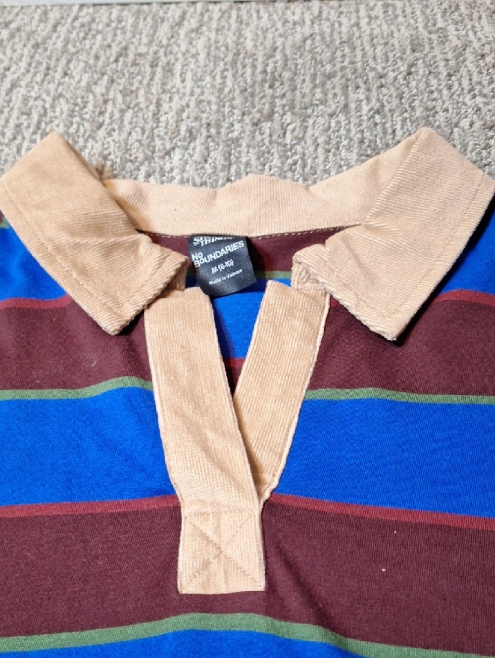 Womens Striped Rugby Shirt with Tan Collar - Blue & Maroon - Stranger Things - Picture 3 of 5